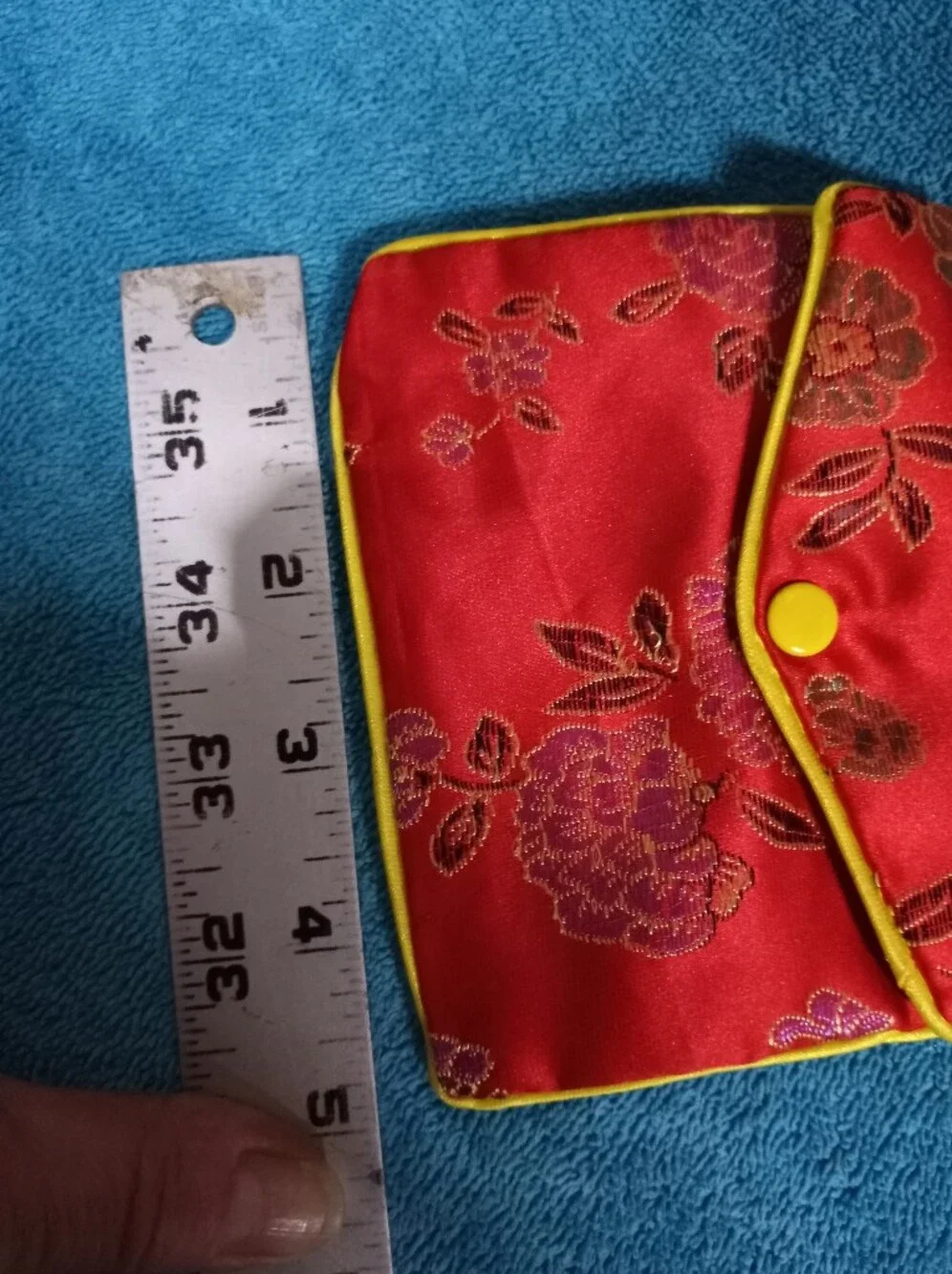Red Floral Satin Envelope Clutch with Yellow Trim - Zipper